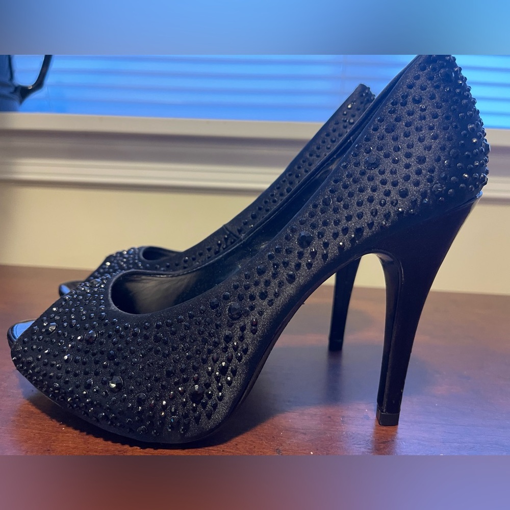 Black Crystal Peep-Toe Stiletto Heels for Women